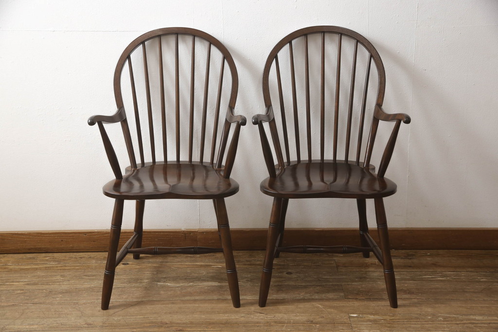 中古　美品　松本民芸家具　クッション付き　美しいシルエットが目を引く、#85リーチ型アームチェア2脚セット(ダイニングチェア、板座チェア、アームチェア、椅子)(R-063813)