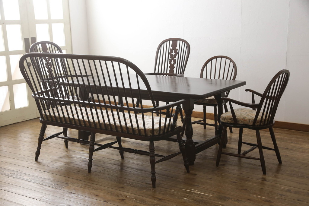 中古　美品　松本民芸家具　クッション付き　美しいシルエットが目を引く、#85リーチ型アームチェア2脚セット(ダイニングチェア、板座チェア、アームチェア、椅子)(R-063813)