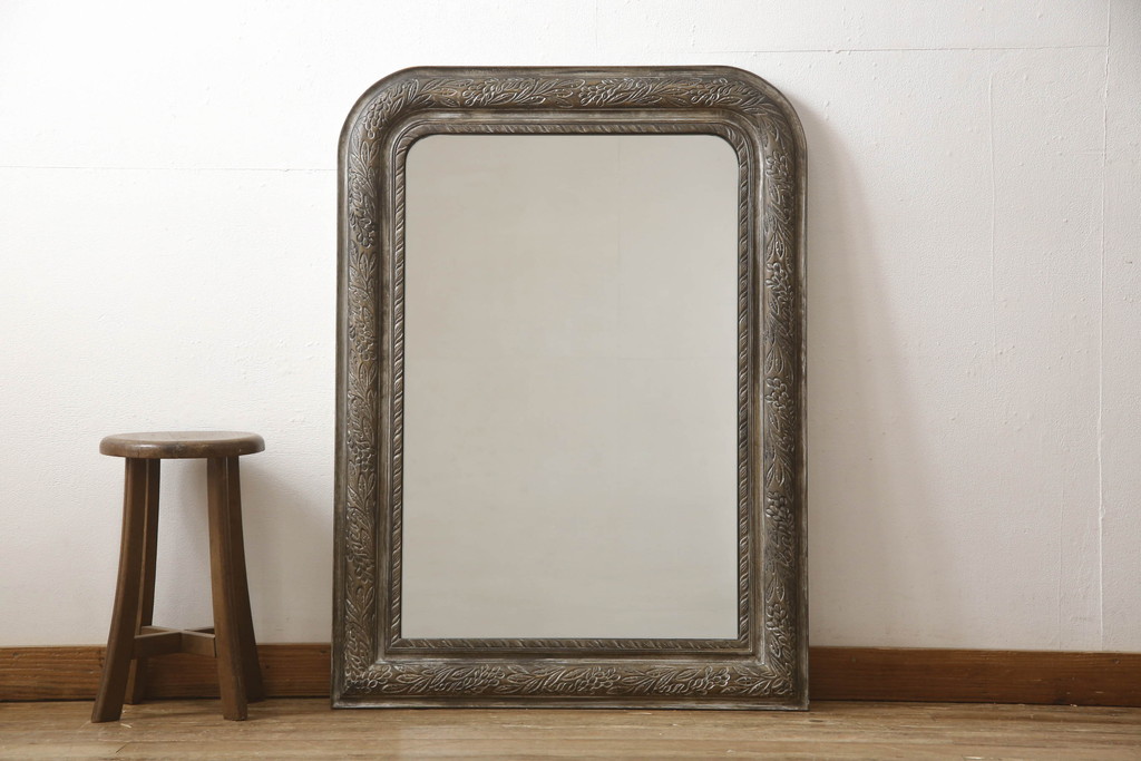 和製ビンテージ　植物をモチーフにした彫刻が魅力の木製ウォールミラー(壁掛け、鏡、ヴィンテージ)(R-060095)