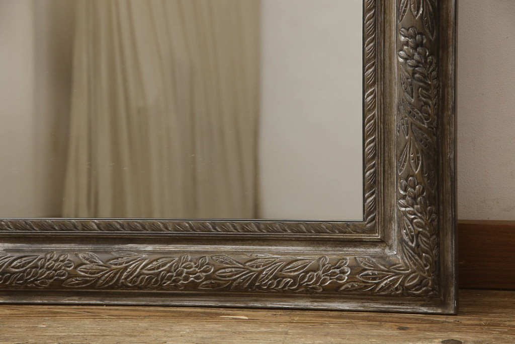 和製ビンテージ　植物をモチーフにした彫刻が魅力の木製ウォールミラー(壁掛け、鏡、ヴィンテージ)(R-060095)