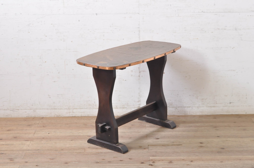 和製ビンテージ　異素材の組み合わせがおしゃれ!! 天板が銅板張りのサイドテーブル(コーヒーテーブル、カフェテーブル、コンソールテーブル、ヴィンテージ)(R-071173)