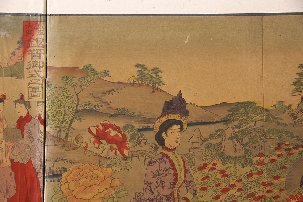 明治期　楊洲周延　版画等　色彩豊かで空間に華やぎをもたらす張交屏風衝立(明治天皇、ようしゅうちかのぶ)(R-052897)