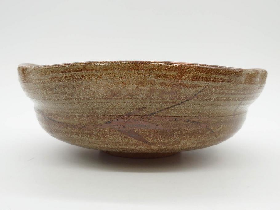 中里重利　絵唐津　約22cm　7.3寸　優美なフォルムが目を引く鉢(唐津焼、鳥、植物、深皿、和皿、中皿、変形皿、和食器、裏印、共箱付き、七寸三分)(R-079817)