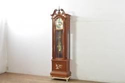 中古　美品　花梨(カリン)材　細やかな装飾が美しいホールクロック(時計台、振り子時計、分銅式、振り子付き)(R-078089)