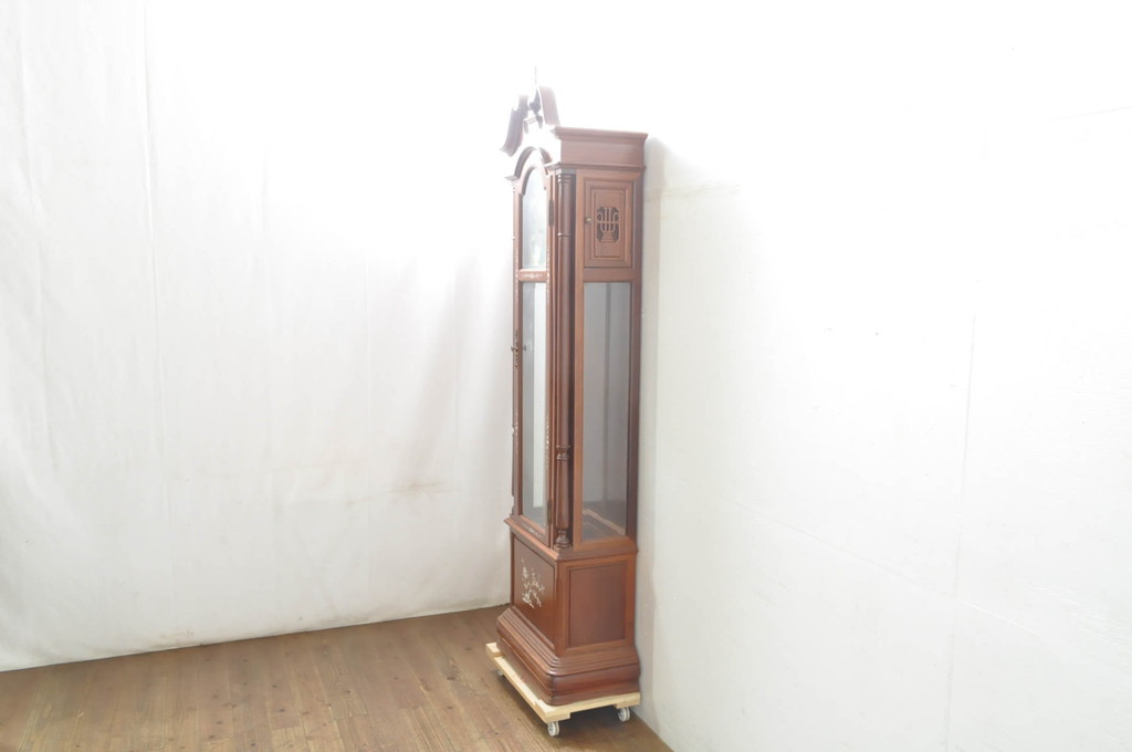 中古　美品　花梨(カリン)材　細やかな装飾が美しいホールクロック(時計台、振り子時計、分銅式、振り子付き)(R-078089)