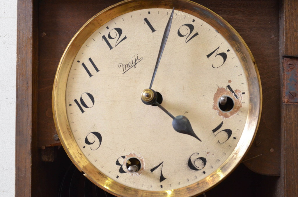 和製アンティーク　Meiji(明治時計社)　古い木味が魅力の掛け時計(柱時計、古時計、振り子時計)(R-072410)