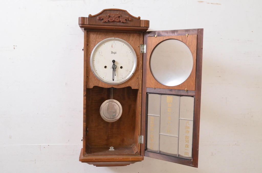 和製アンティーク　Meiji(明治時計社)　30DAY　木目とレリーフのデザインが素敵な掛け時計(柱時計、古時計、振り子時計)(R-072415)