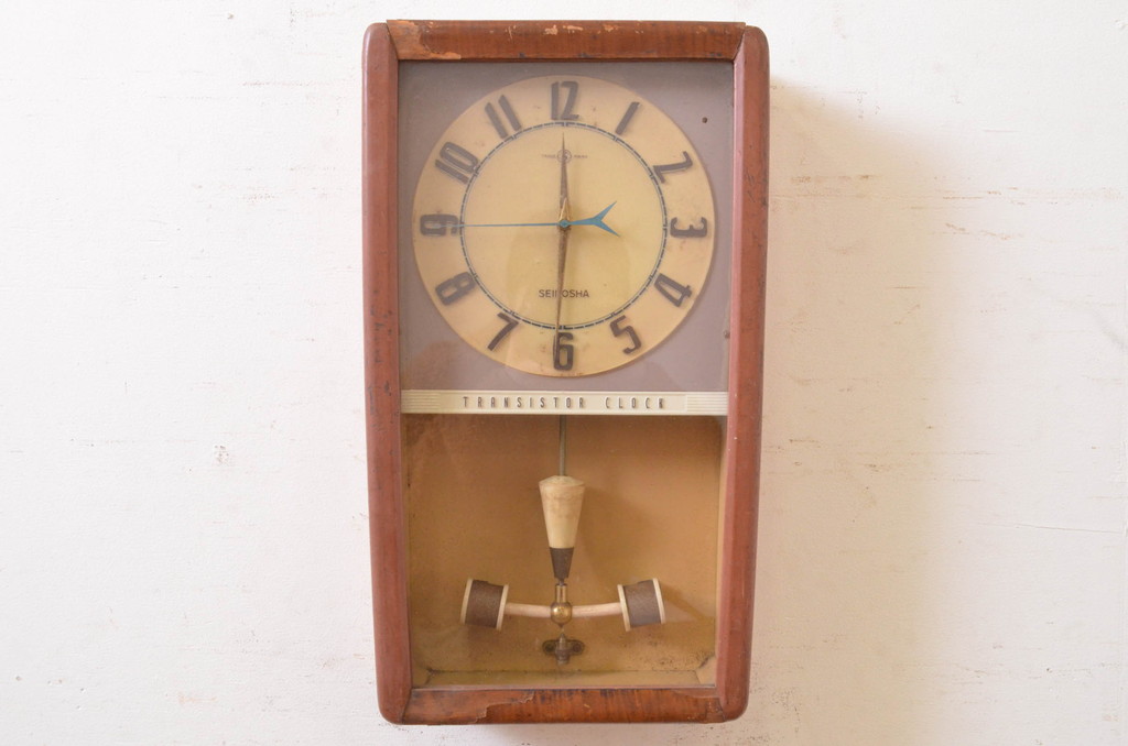 和製アンティーク　精工舎(SEIKOSHA、セイコー)　TRADE(S)MARK　TRANSISTOR CLOCK(トランジスタクロック)　昭和レトロ　スケルトンデザインがおしゃれな掛け時計(柱時計、古時計、振り子時計)(R-072343)