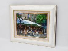 真作　斎藤要　「午後のカフェ」　F4(4号)　絵画(喫茶店、油彩、油絵、サイン付き、肉筆、額装)(R-079907)
