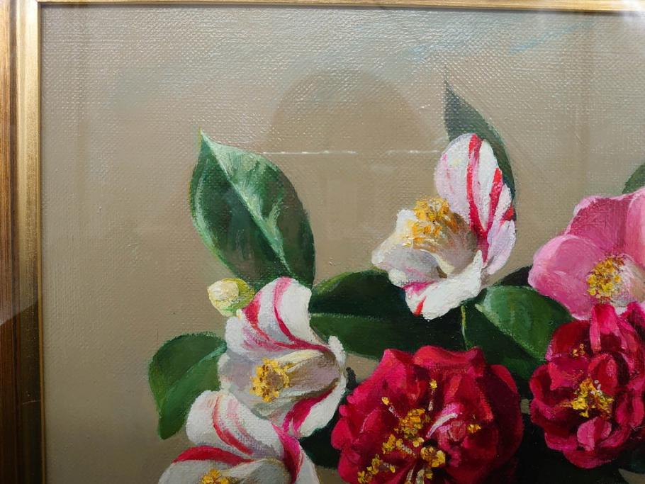 真作　一水会委員 鈴木益躬　「ベネチアグラスの花」　F6(6号)　絵画(油彩、椿、花瓶、油絵、サイン付き、肉筆、額装、ヴェネチアン)(R-079908)