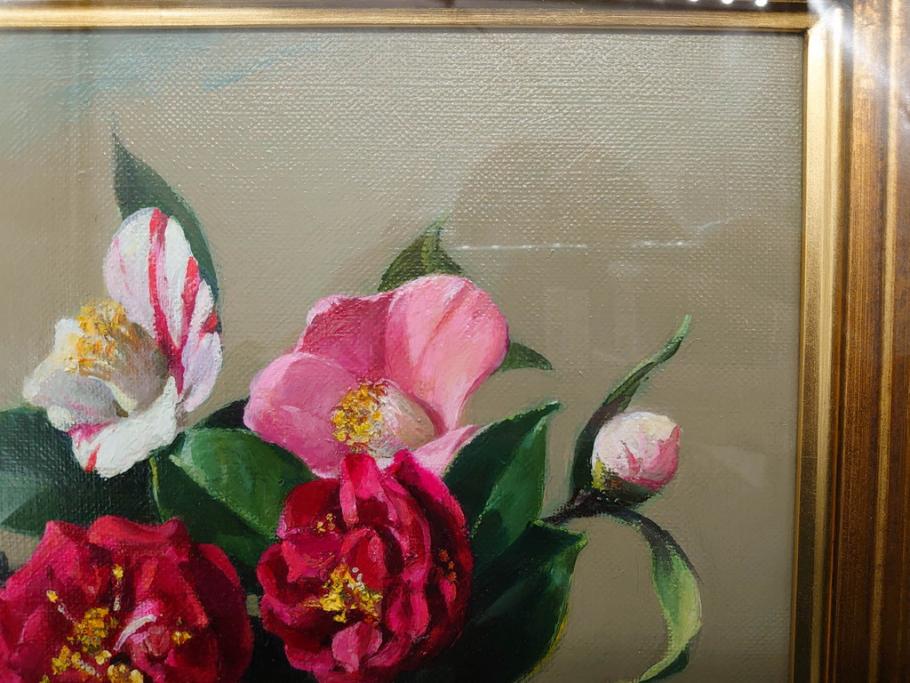 真作　一水会委員 鈴木益躬　「ベネチアグラスの花」　F6(6号)　絵画(油彩、椿、花瓶、油絵、サイン付き、肉筆、額装、ヴェネチアン)(R-079908)