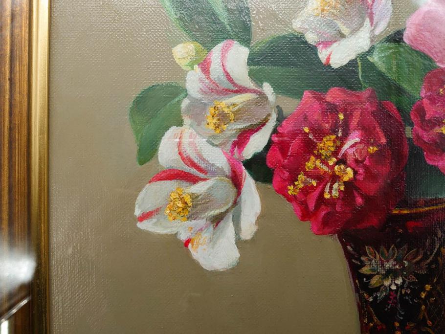 真作　一水会委員 鈴木益躬　「ベネチアグラスの花」　F6(6号)　絵画(油彩、椿、花瓶、油絵、サイン付き、肉筆、額装、ヴェネチアン)(R-079908)