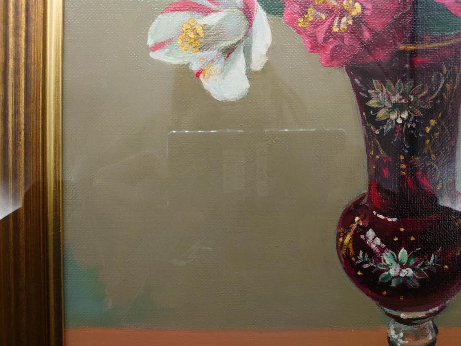 真作　一水会委員 鈴木益躬　「ベネチアグラスの花」　F6(6号)　絵画(油彩、椿、花瓶、油絵、サイン付き、肉筆、額装、ヴェネチアン)(R-079908)