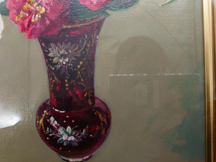 真作　一水会委員 鈴木益躬　「ベネチアグラスの花」　F6(6号)　絵画(油彩、椿、花瓶、油絵、サイン付き、肉筆、額装、ヴェネチアン)(R-079908)