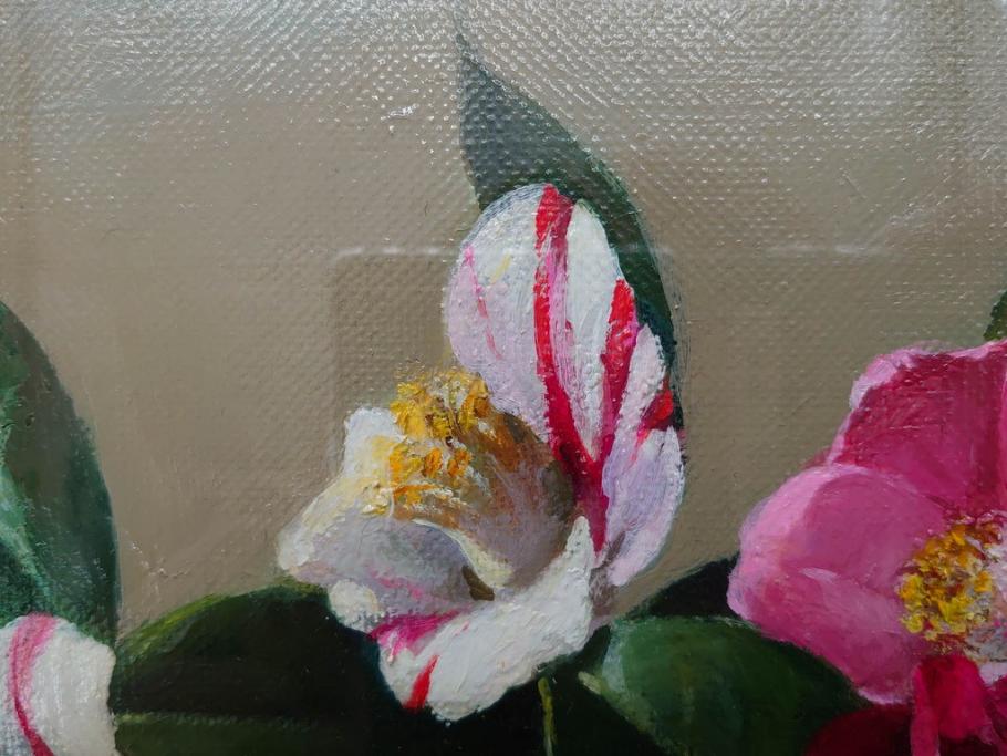 真作　一水会委員 鈴木益躬　「ベネチアグラスの花」　F6(6号)　絵画(油彩、椿、花瓶、油絵、サイン付き、肉筆、額装、ヴェネチアン)(R-079908)