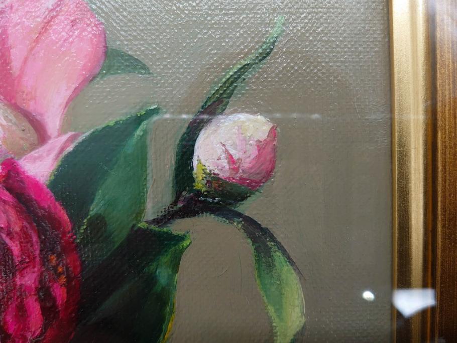 真作　一水会委員 鈴木益躬　「ベネチアグラスの花」　F6(6号)　絵画(油彩、椿、花瓶、油絵、サイン付き、肉筆、額装、ヴェネチアン)(R-079908)