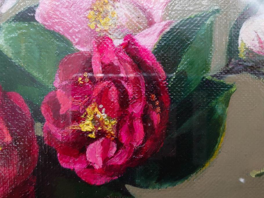真作　一水会委員 鈴木益躬　「ベネチアグラスの花」　F6(6号)　絵画(油彩、椿、花瓶、油絵、サイン付き、肉筆、額装、ヴェネチアン)(R-079908)