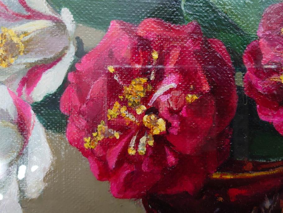 真作　一水会委員 鈴木益躬　「ベネチアグラスの花」　F6(6号)　絵画(油彩、椿、花瓶、油絵、サイン付き、肉筆、額装、ヴェネチアン)(R-079908)