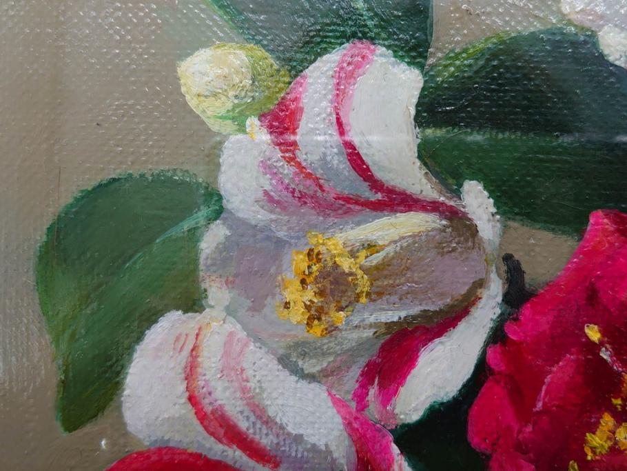 真作　一水会委員 鈴木益躬　「ベネチアグラスの花」　F6(6号)　絵画(油彩、椿、花瓶、油絵、サイン付き、肉筆、額装、ヴェネチアン)(R-079908)