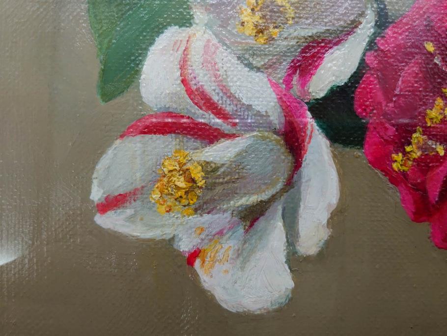 真作　一水会委員 鈴木益躬　「ベネチアグラスの花」　F6(6号)　絵画(油彩、椿、花瓶、油絵、サイン付き、肉筆、額装、ヴェネチアン)(R-079908)