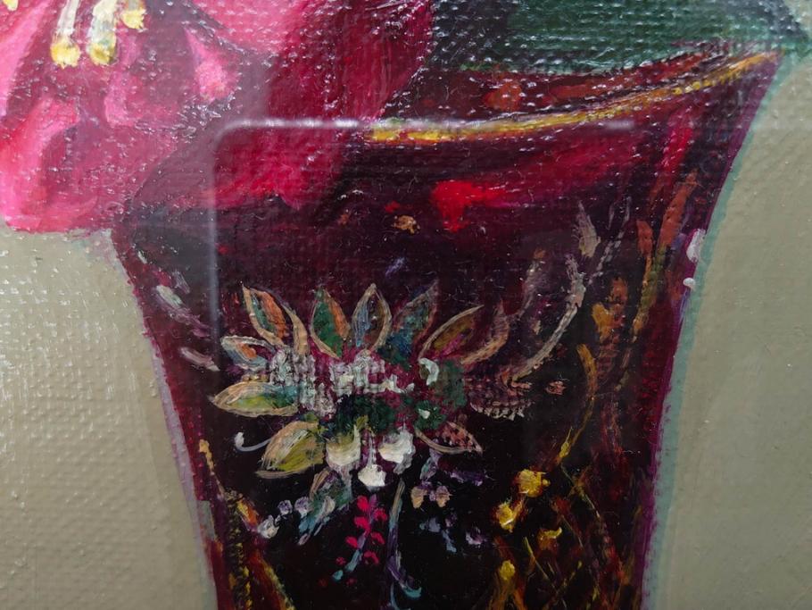 真作　一水会委員 鈴木益躬　「ベネチアグラスの花」　F6(6号)　絵画(油彩、椿、花瓶、油絵、サイン付き、肉筆、額装、ヴェネチアン)(R-079908)