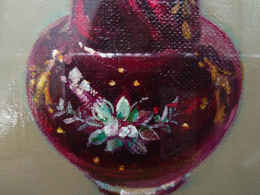 真作　一水会委員 鈴木益躬　「ベネチアグラスの花」　F6(6号)　絵画(油彩、椿、花瓶、油絵、サイン付き、肉筆、額装、ヴェネチアン)(R-079908)