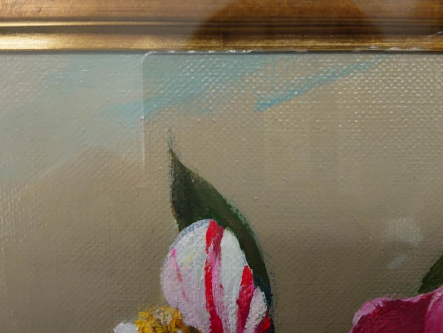真作　一水会委員 鈴木益躬　「ベネチアグラスの花」　F6(6号)　絵画(油彩、椿、花瓶、油絵、サイン付き、肉筆、額装、ヴェネチアン)(R-079908)