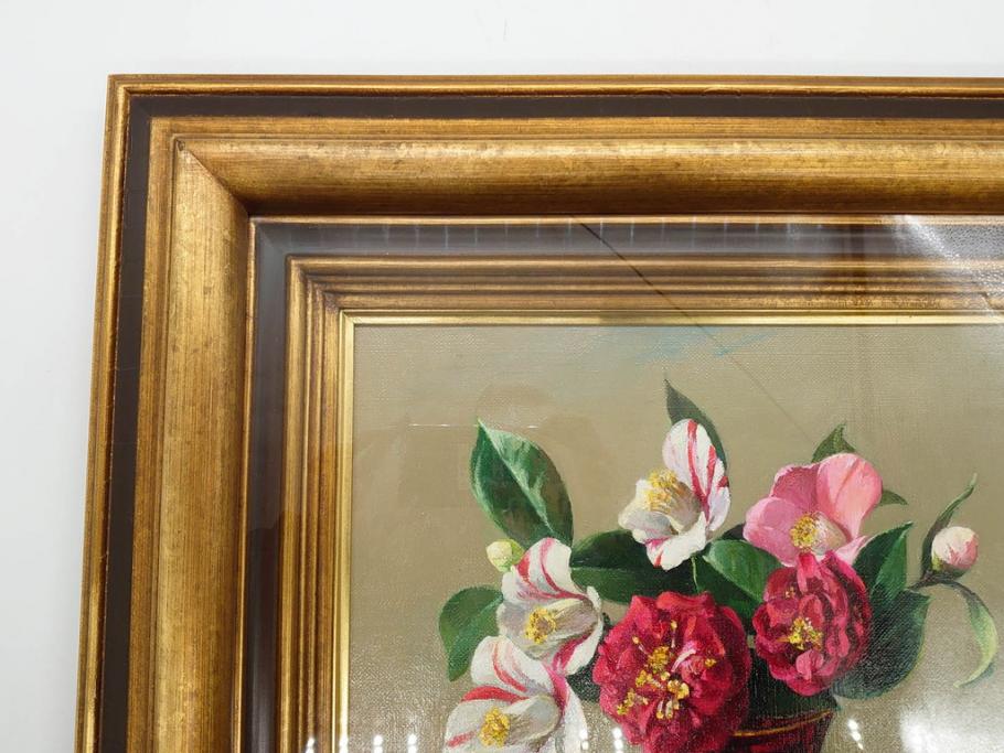 真作　一水会委員 鈴木益躬　「ベネチアグラスの花」　F6(6号)　絵画(油彩、椿、花瓶、油絵、サイン付き、肉筆、額装、ヴェネチアン)(R-079908)