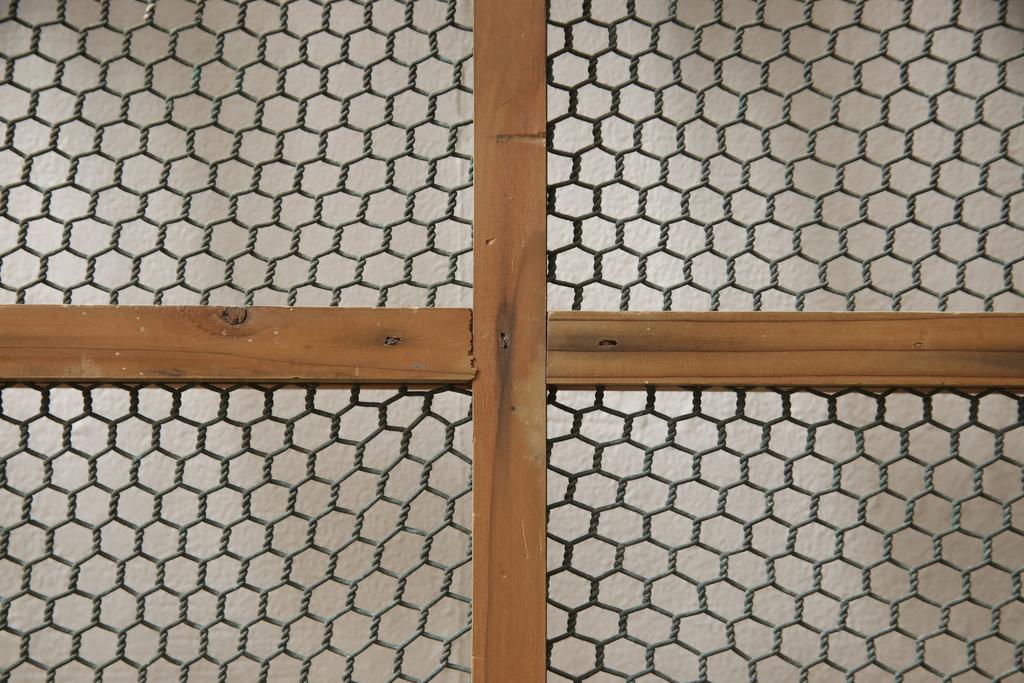 和製アンティーク　シンプルなデザインが取り入れやすい小さな亀甲金網入り引き戸1枚(くぐり戸、蔵戸、格子戸、マス目、升目、建具)(R-059796)