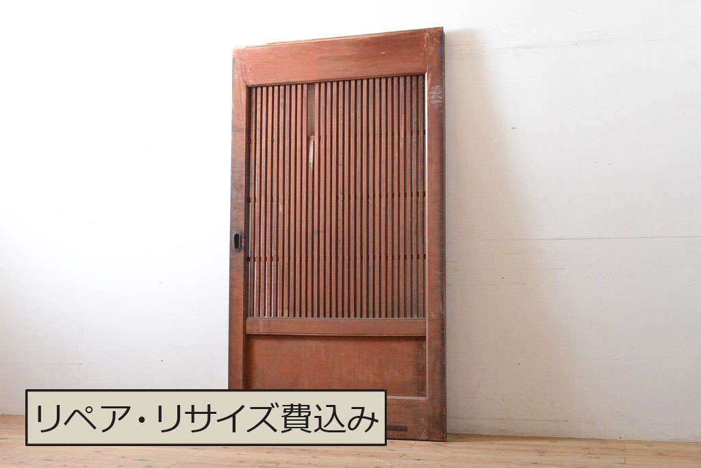 アンティーク建具　総欅(ケヤキ)材　シンプルなデザインが珍しい格子蔵戸(引き戸、玄関戸)(R-060412)