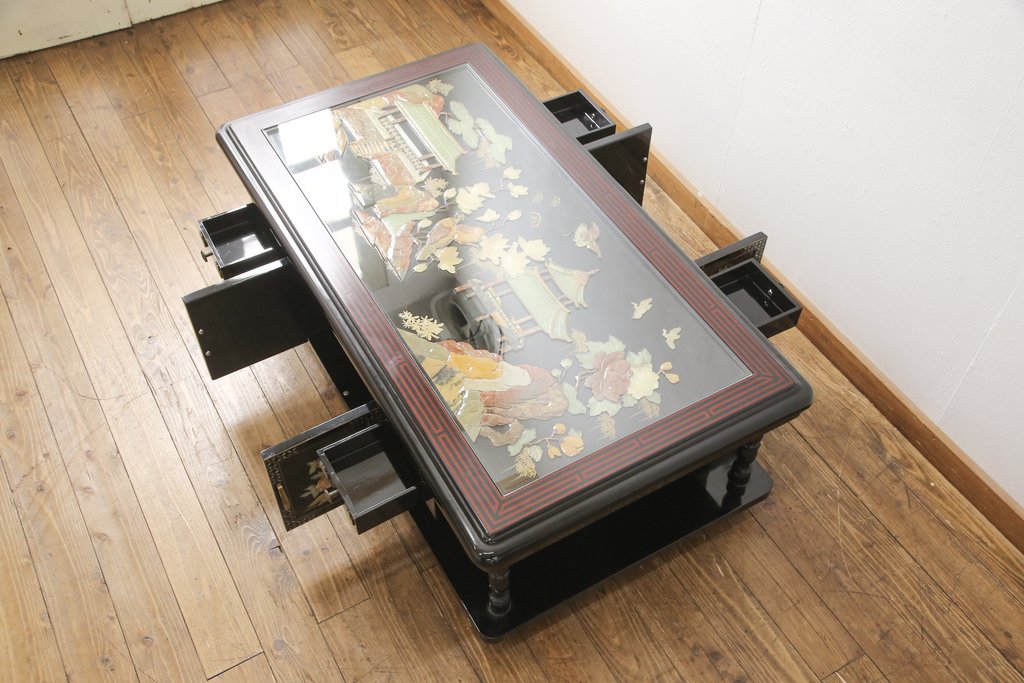 ビンテージ家具　高級品!美しい螺鈿(らでん)と石細工の絵が見事な両面使いローテーブル(センターテーブル、座卓、ヴィンテージ)(R-053432)