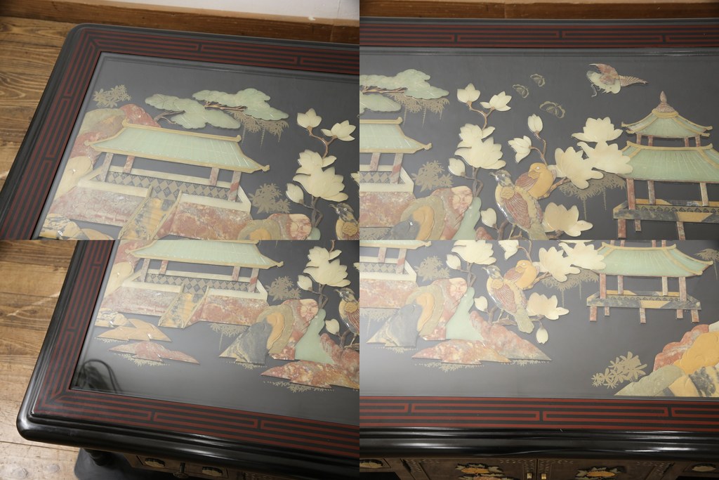 ビンテージ家具　高級品!美しい螺鈿(らでん)と石細工の絵が見事な両面使いローテーブル(センターテーブル、座卓、ヴィンテージ)(R-053432)