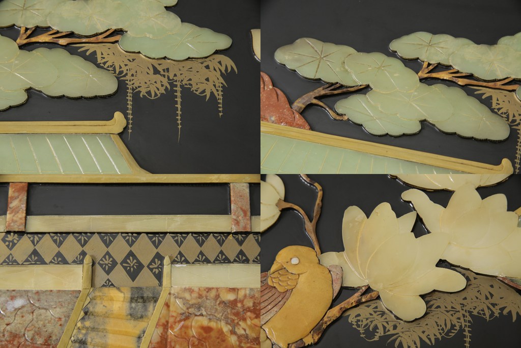 ビンテージ家具　高級品!美しい螺鈿(らでん)と石細工の絵が見事な両面使いローテーブル(センターテーブル、座卓、ヴィンテージ)(R-053432)