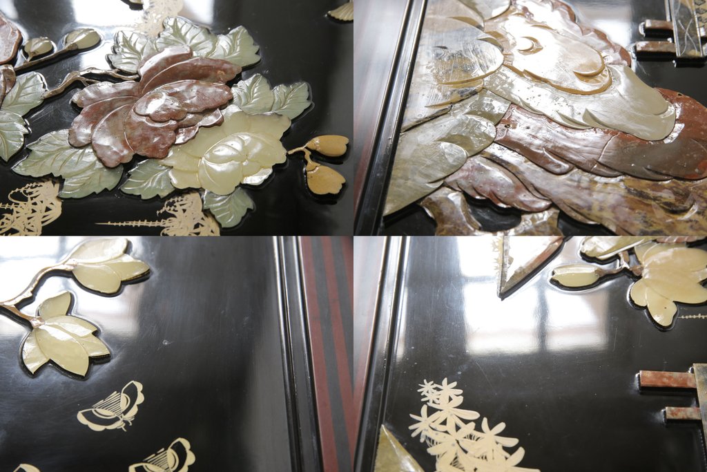 ビンテージ家具　高級品!美しい螺鈿(らでん)と石細工の絵が見事な両面使いローテーブル(センターテーブル、座卓、ヴィンテージ)(R-053432)