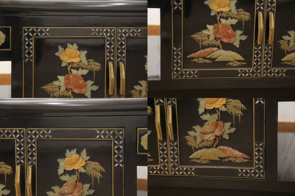 ビンテージ家具　高級品!美しい螺鈿(らでん)と石細工の絵が見事な両面使いローテーブル(センターテーブル、座卓、ヴィンテージ)(R-053432)
