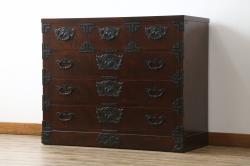 中古　美品!!　岩谷堂箪笥　漆塗り　力強い杢目と重厚感ある金具が魅力の整理箪笥(和たんす、衣装タンス、収納箪笥、引き出し、サイドチェスト、サイドボード)(R-079439)
