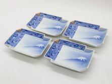 戦前　深川製磁　オールド深川　有田焼　染付　富士山　約16cm　5.1寸　優雅に舞う鶴が魅力の変形皿4枚セット(ツル、風景、金彩、中皿、なます皿、和皿、和食器、裏印、五寸一分)(R-079910)
