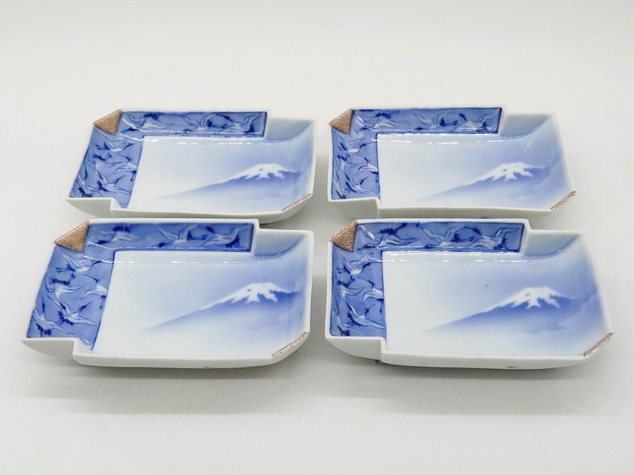 戦前　深川製磁　オールド深川　有田焼　染付　富士山　約16cm　5.1寸　優雅に舞う鶴が魅力の変形皿4枚セット(ツル、風景、金彩、中皿、なます皿、和皿、和食器、裏印、五寸一分)(R-079910)