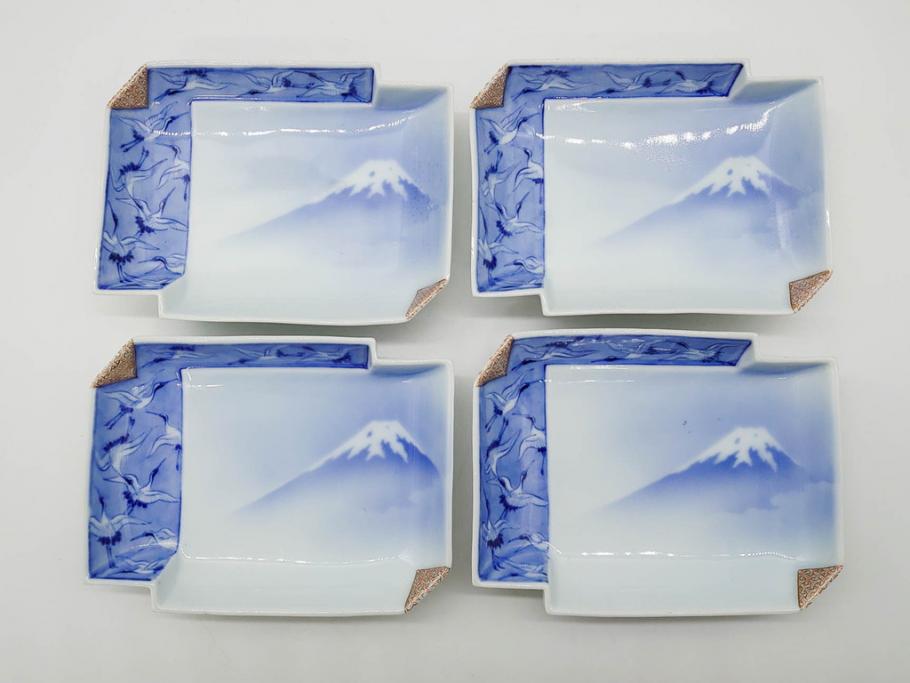 戦前　深川製磁　オールド深川　有田焼　染付　富士山　約16cm　5.1寸　優雅に舞う鶴が魅力の変形皿4枚セット(ツル、風景、金彩、中皿、なます皿、和皿、和食器、裏印、五寸一分)(R-079910)