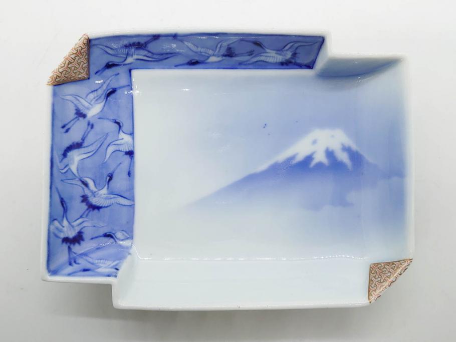 戦前　深川製磁　オールド深川　有田焼　染付　富士山　約16cm　5.1寸　優雅に舞う鶴が魅力の変形皿4枚セット(ツル、風景、金彩、中皿、なます皿、和皿、和食器、裏印、五寸一分)(R-079910)