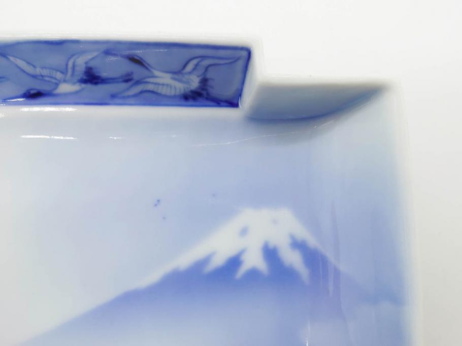 戦前　深川製磁　オールド深川　有田焼　染付　富士山　約16cm　5.1寸　優雅に舞う鶴が魅力の変形皿4枚セット(ツル、風景、金彩、中皿、なます皿、和皿、和食器、裏印、五寸一分)(R-079910)