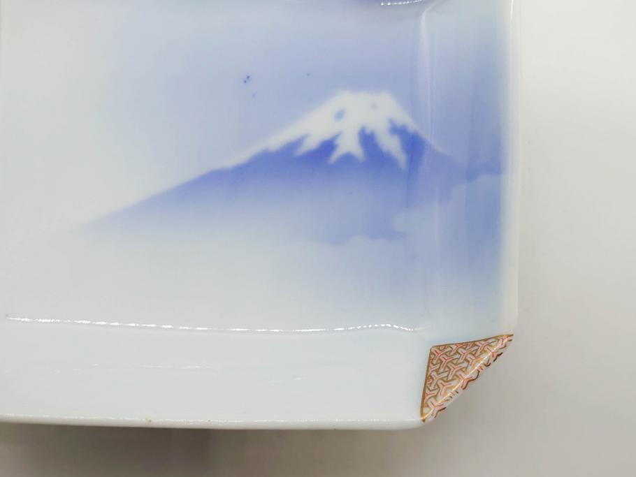 戦前　深川製磁　オールド深川　有田焼　染付　富士山　約16cm　5.1寸　優雅に舞う鶴が魅力の変形皿4枚セット(ツル、風景、金彩、中皿、なます皿、和皿、和食器、裏印、五寸一分)(R-079910)