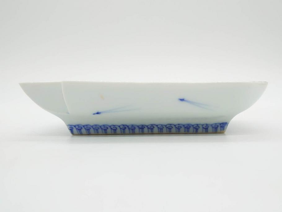 戦前　深川製磁　オールド深川　有田焼　染付　富士山　約16cm　5.1寸　優雅に舞う鶴が魅力の変形皿4枚セット(ツル、風景、金彩、中皿、なます皿、和皿、和食器、裏印、五寸一分)(R-079910)