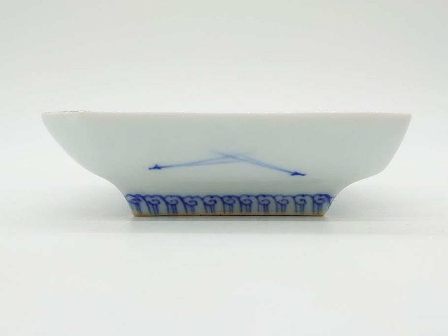 戦前　深川製磁　オールド深川　有田焼　染付　富士山　約16cm　5.1寸　優雅に舞う鶴が魅力の変形皿4枚セット(ツル、風景、金彩、中皿、なます皿、和皿、和食器、裏印、五寸一分)(R-079910)