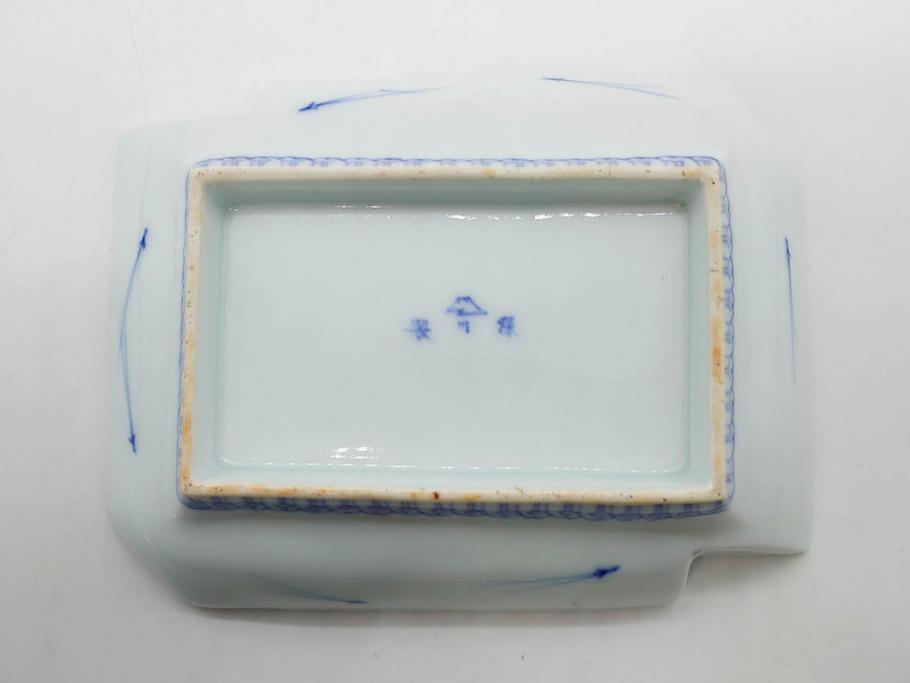 戦前　深川製磁　オールド深川　有田焼　染付　富士山　約16cm　5.1寸　優雅に舞う鶴が魅力の変形皿4枚セット(ツル、風景、金彩、中皿、なます皿、和皿、和食器、裏印、五寸一分)(R-079910)