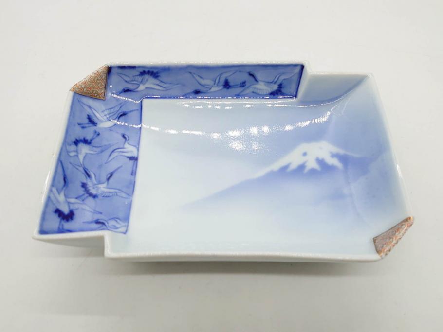 戦前　深川製磁　オールド深川　有田焼　染付　富士山　約16cm　5.1寸　優雅に舞う鶴が魅力の変形皿4枚セット(ツル、風景、金彩、中皿、なます皿、和皿、和食器、裏印、五寸一分)(R-079910)