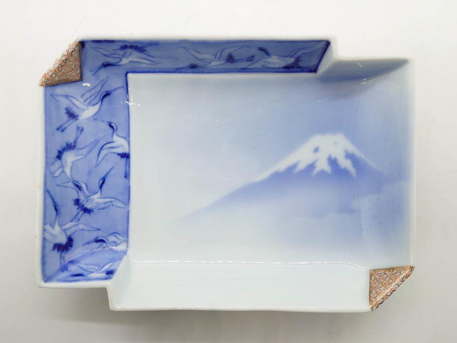 戦前　深川製磁　オールド深川　有田焼　染付　富士山　約16cm　5.1寸　優雅に舞う鶴が魅力の変形皿4枚セット(ツル、風景、金彩、中皿、なます皿、和皿、和食器、裏印、五寸一分)(R-079910)