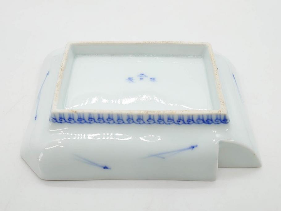 戦前　深川製磁　オールド深川　有田焼　染付　富士山　約16cm　5.1寸　優雅に舞う鶴が魅力の変形皿4枚セット(ツル、風景、金彩、中皿、なます皿、和皿、和食器、裏印、五寸一分)(R-079910)