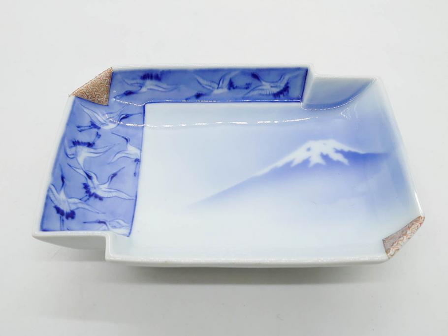 戦前　深川製磁　オールド深川　有田焼　染付　富士山　約16cm　5.1寸　優雅に舞う鶴が魅力の変形皿4枚セット(ツル、風景、金彩、中皿、なます皿、和皿、和食器、裏印、五寸一分)(R-079910)