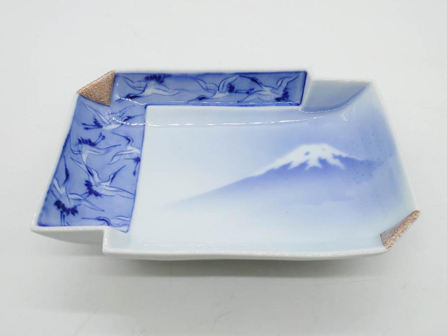 戦前　深川製磁　オールド深川　有田焼　染付　富士山　約16cm　5.1寸　優雅に舞う鶴が魅力の変形皿4枚セット(ツル、風景、金彩、中皿、なます皿、和皿、和食器、裏印、五寸一分)(R-079910)